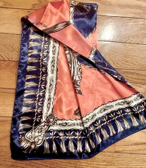 Vintage Large Antique Bells &Tassels blue/orange SQUARE SILKY SCARF 35/35 thumbnail 10