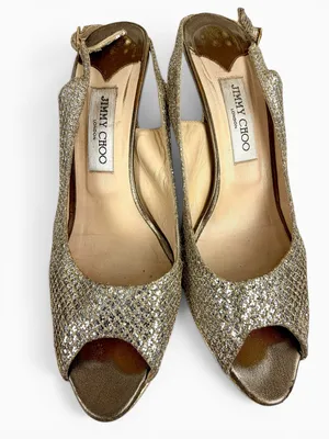 Jimmy‎ Choo Glitter Slingback Peep Toe Heels Gold Metallic EU 40 thumbnail 8