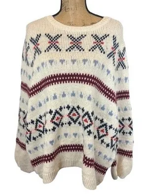 Old‎ Navy Balloon Sleeve Neutral Fair Isle Sweater Cream Burgundy Blue Size XL thumbnail 1