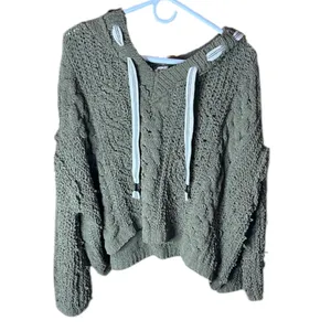 Pol Oversize Olive Green Chunky Knit Olive Sweater with Hoodie and Ties. Nubby thumbnail 2