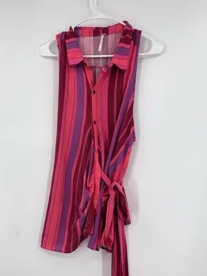 Free People Sleeveless Striped Button-Front Tie-Hem Top in Pink & Purple thumbnail 7