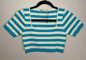 NWOT Zara Blue White Stripe Square Neck Cropped Top Going Out Women size Medium thumbnail 1