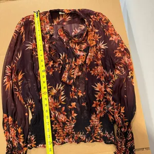 🍁 Warm New York‎ Floral Semi Sheer Neck Tie Blouse Burgundy Long Sleeve Elastic thumbnail 12