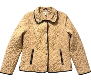 Charter Club Quilted Barn Jacket Tan Brown Faux‎ Leather Trim Women Large thumbnail 1