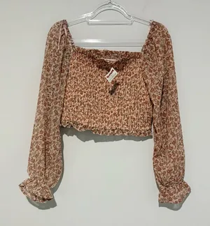 Japna smocked floral long sleeve crop‎ top peach pink size large thumbnail 1