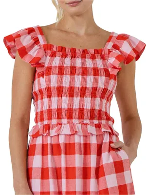 English Factory Gingham Smocked Ruffle Crop Top sz M thumbnail 1