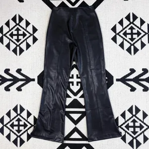 Abercrombie & Fitch Split Hem Vegan Leather Slim Flare Pant in Black Medium thumbnail 12