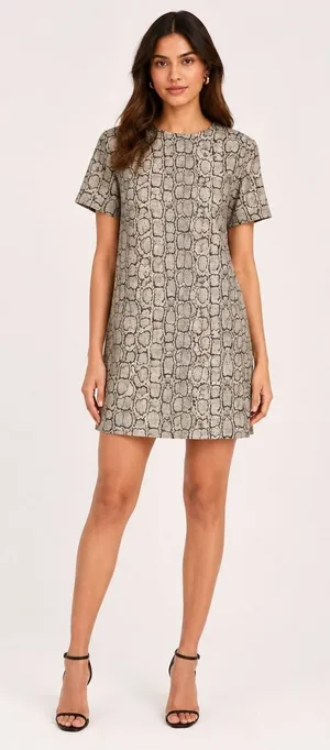 Zara Woman Grey Snakeskin Animal Print Short Sleeve Shift Mini‎ Dress Large thumbnail 1