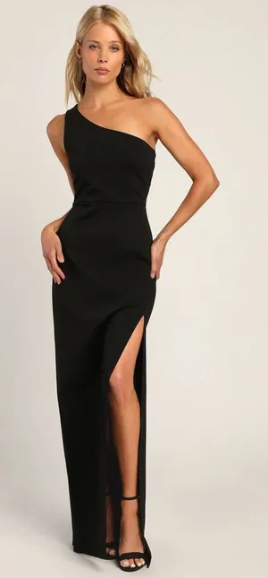 NWT Lulus Good Times Only Black One-Shoulder Maxi Dress Wedding Formal Size L thumbnail 1