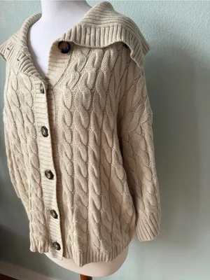Ann Taylor Cream Cable-Knit Button Cardigan thumbnail 3