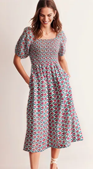 NEW Boden Sky Smocked Linen Midi Dress 16-18 thumbnail 1