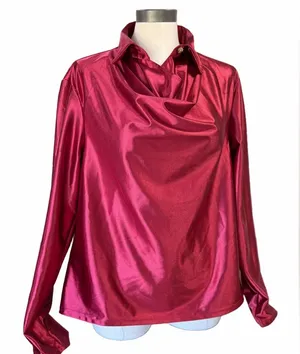 Women's NEW Dark Red Satin Long Sleeve Blouse Size Large #260759 thumbnail 1