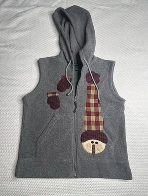 Lavon Snowman/Mittens Christmas Fleece‎ Vest W/Hood Medium Winter Holiday Zip Up thumbnail 1