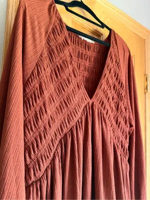 Altar’d State Smocked V-Neck Tiered Ruffle Mini Dress Rust Brown Orange Boho M thumbnail 3