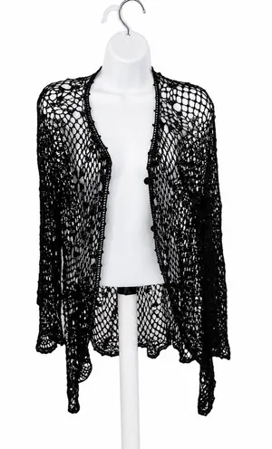 Vintage Express Tricot Black Crochet Open-Knit Cardigan covered buttons Sz L thumbnail 1