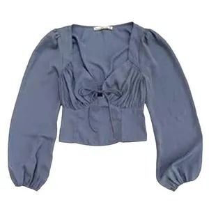 Women's Abercrombie & Fitch Blue V-Neck Puff Long Sleeve Crop Top Shirt Size XS thumbnail 1