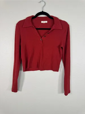 Madewell Red Ribbed Copped Henley Sweater Womens XS Casual Fall Long Sleeve thumbnail 6