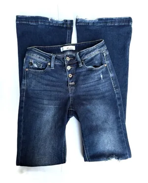 Kancan Dark Wash Distressed Button Fly Flare Jeans thumbnail 1