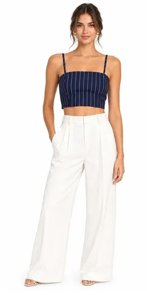 WAYF Navy Blue Pinstripe Tie Back Crop Top Linen Blend Spaghetti Strap thumbnail 1