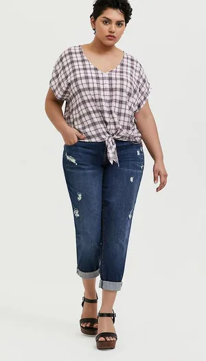 Torrid Womens Blouse 0 L 12 Berry Purple & Ivory Plaid Tie Front Midi Dolman NEW thumbnail 3