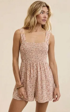 NWT AMERICAN EAGLE Floral Jumpsuit Romper L Smocked Back Pockets Boho thumbnail 1
