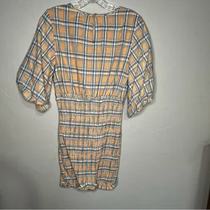 Mable Southern Peach Plaid Deep V Neck Smocked Skirt Puff‎ Sleeve Mini Dress thumbnail 9