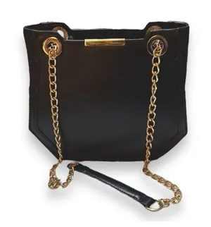 Melie Bianco Geometric Vegan Leather Black Shoulder Bag with gold chains thumbnail 1