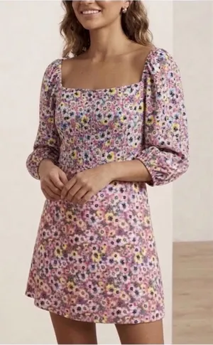H&M Women’s Crinkle Cut Floral Print Off the Shoulders Quarter Sleeve Mini Dress thumbnail 1