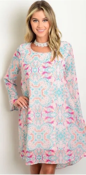LAST Peach & Teal Multi Pattern Key Hole Dress Pink thumbnail 1