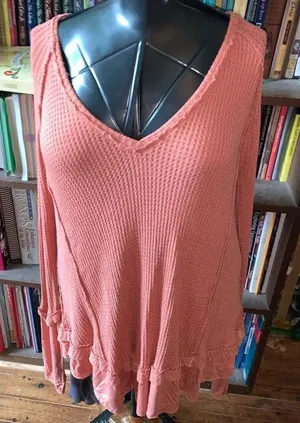 We the Free coral oversized flowy S waffle v-neck top thumbnail 1