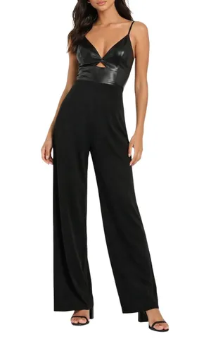 Lulus Fit the Fashion Black Sleeveless Vegan Leather Wide-Leg Jumpsuit Medium thumbnail 1