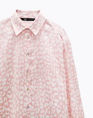 Zara Button Up Shirt Women‎ Small Pink Animal Print Satin Relaxed Blouse thumbnail 1
