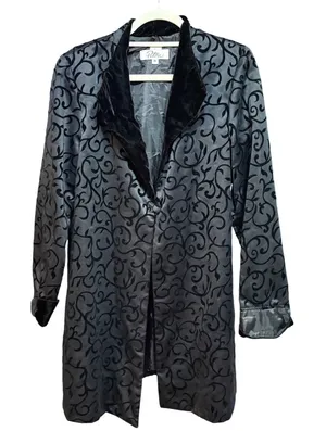 Victorian Gothic Patra Black Flocked Velvet Scroll Evening Coat‎ Sz M Witchy thumbnail 1