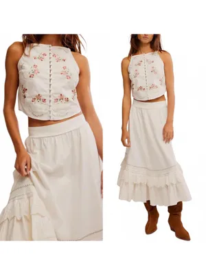 Free People Maeberrie Top & Skirt Set Coord Embroidered NWT Ivory Size Medium thumbnail 10
