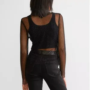 Retroluxe -1726 Black‎ Rhinestone Mesh Top Long Sleeve Fishnet Women's Small thumbnail 2