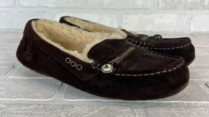 UGG Ansley Moccasin Slippers Womens 10 Brown Suede Shearling Fur Lined Zip Charm thumbnail 1