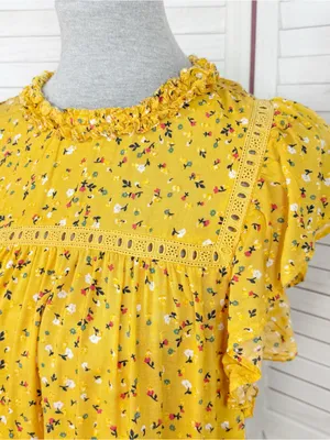 Loft Floral Flutter Sleeve Ruffle‎ Collar Blouse Top Yellow Small Cottageore thumbnail 5