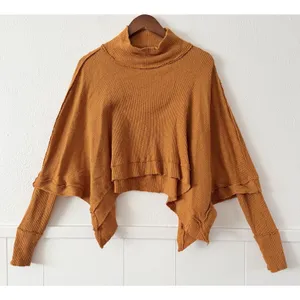We The Free Free People Waffle Knit Poncho Top S Mock Neck Thumb Hole Rust thumbnail 1