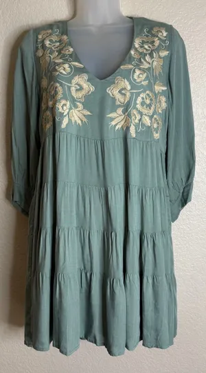 Magnolia Boutique Small Dress‎ Sage Green Embroidered Tiered Babydoll Boho Chic thumbnail 1