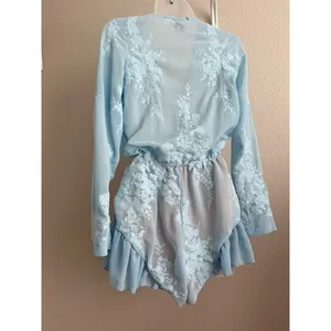 Lioness light blue embroidered floral lace v-neck long sleeve ruffle romper thumbnail 3