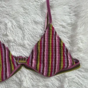 NEW Aerie Retro Striped Seersucker Triangle Bikini Top Pink Multi Textured XL thumbnail 6