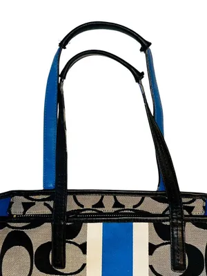 Coach Black/Gray/Blue Signature Stripe Hampton Weekend Stripe Tote thumbnail 6