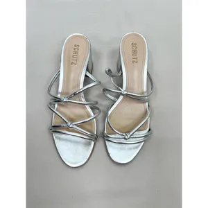 Schutz Silver Strappy Design Block Heel Open Toe Sandal Leather Womens Size 8.5B thumbnail 2