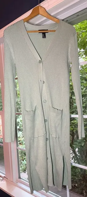 Forever 21 Long Ribbed Knit Cardigan in Sage Green thumbnail 2