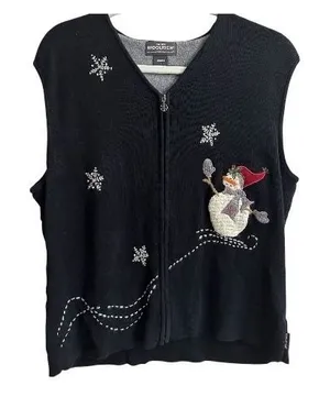 Woolrich Sweater Vest Black L Womens Snowman Snowflake Embroidered Holiday thumbnail 1