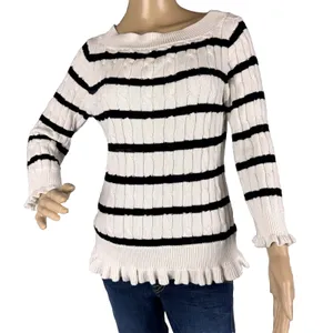 American Living White With‎ Black Stripes Sweater Women's Size Medium Ruffles thumbnail 1