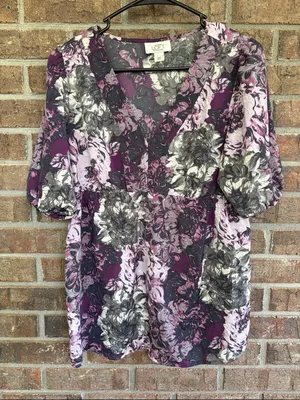 LOFT MATERNITY Purple and Black Floral V-Neck Tunic thumbnail 1