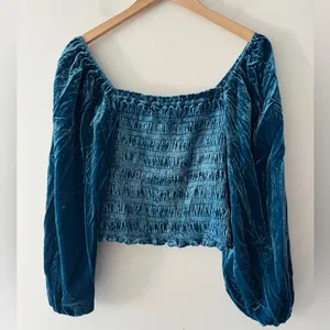 Anthropologie Smocked Puff Sleeve‎ Blue Velvet Square Neck Long Sleeve Top thumbnail 7