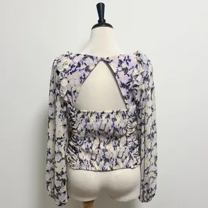 Free People Mabel Lilac Combo Purple Yellow Floral Sheer Puff Sleeve Top Large thumbnail 5