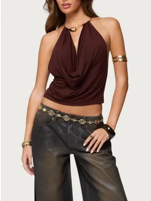 NWOT Edikted Mileva Cuff Deep Cowl Neck Top in Brown Size Small thumbnail 4